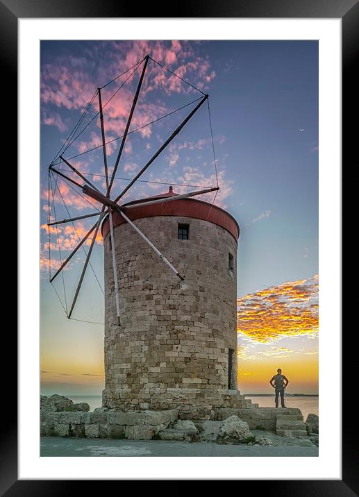 Rhodes Windmill and Sunrise Watcher Framed Mounted Print by Antony McAulay