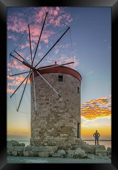 Rhodes Windmill and Sunrise Watcher Framed Print by Antony McAulay