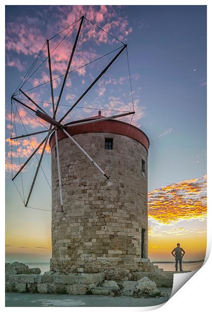 Rhodes Windmill and Sunrise Watcher Print by Antony McAulay