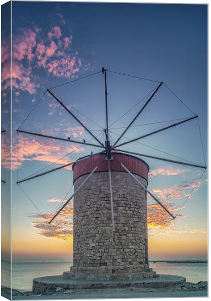 Rhodes Windmill at Sunrise Canvas Print by Antony McAulay