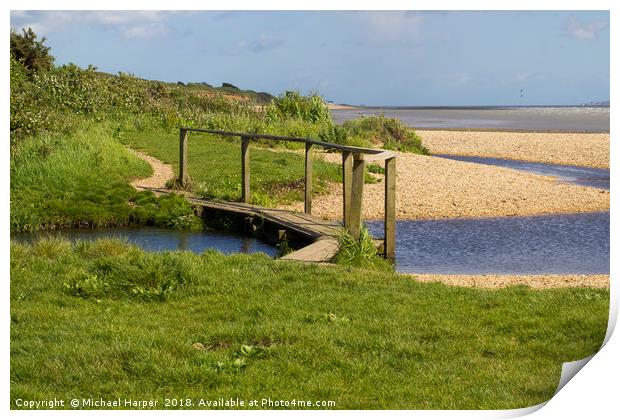 Footbridge across a small stream on a pebble beach Print by Michael Harper