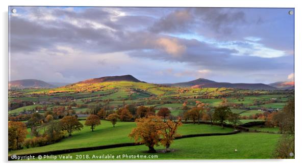Blorenge, Skirrid and Sugar Loaf Autumn Dawn. Acrylic by Philip Veale