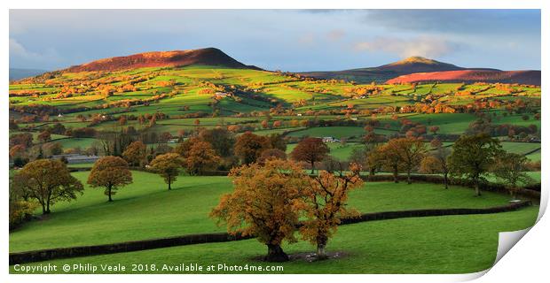 Skirrid and Sugar Loaf in Autumn's First Light. Print by Philip Veale