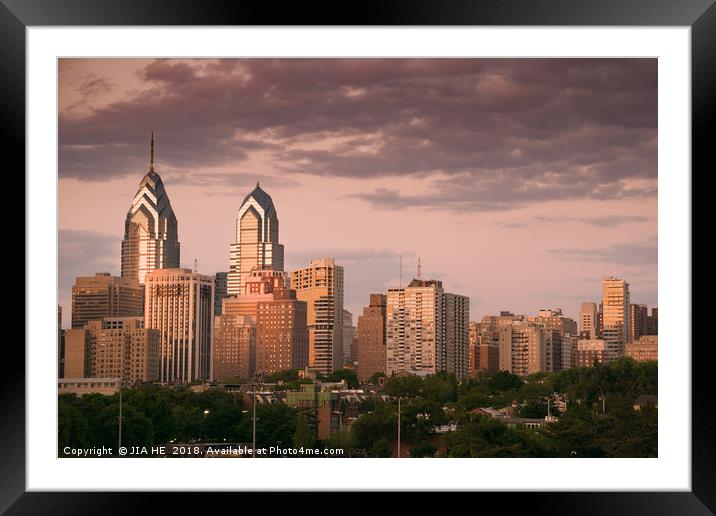Philadelphia city skyline at dusk Framed Mounted Print by JIA HE