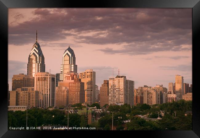 Philadelphia city skyline at dusk Framed Print by JIA HE