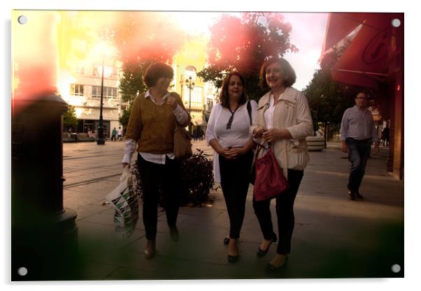 Urban scenes - Women walking in the street Acrylic by Jose Manuel Espigares Garc