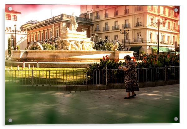 An old lady is walking in front of a fountain Acrylic by Jose Manuel Espigares Garc