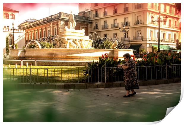 An old lady is walking in front of a fountain Print by Jose Manuel Espigares Garc