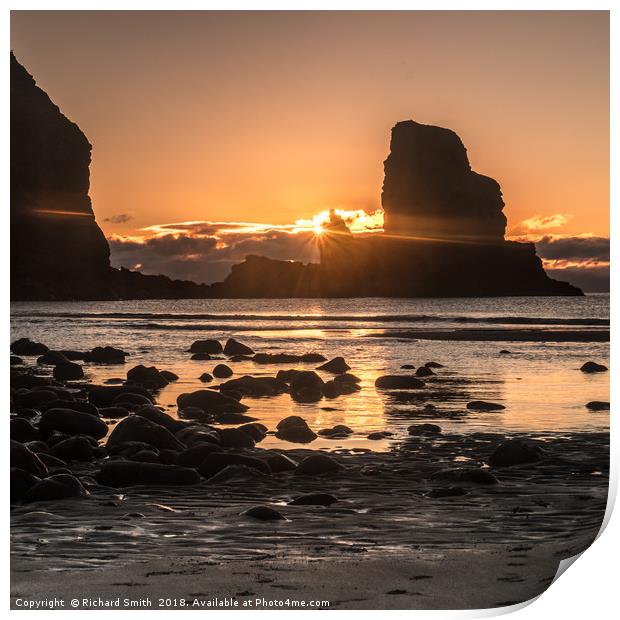 Setting sun beyond the seastack at Talisker Point Print by Richard Smith