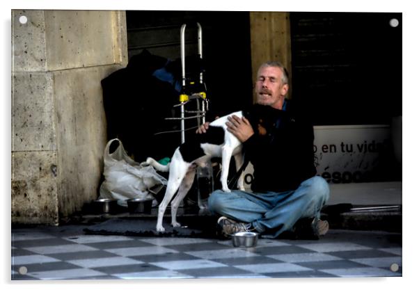 Homeless man with dog Acrylic by Jose Manuel Espigares Garc