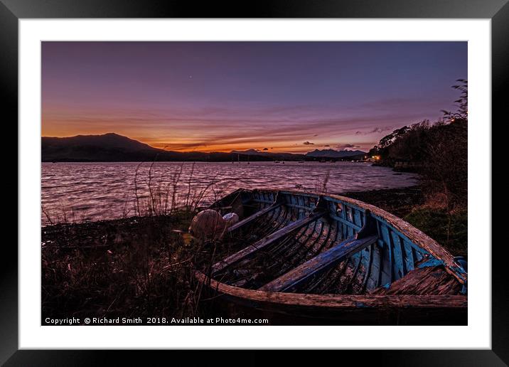 Loch Portree sunrise viewed over a clinker rowboat Framed Mounted Print by Richard Smith