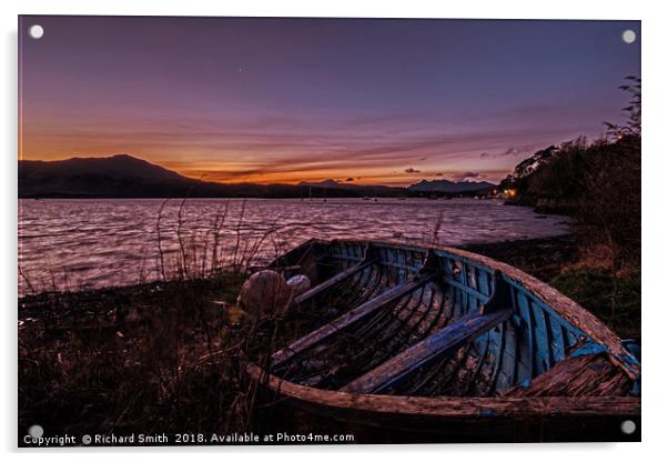 Loch Portree sunrise viewed over a clinker rowboat Acrylic by Richard Smith