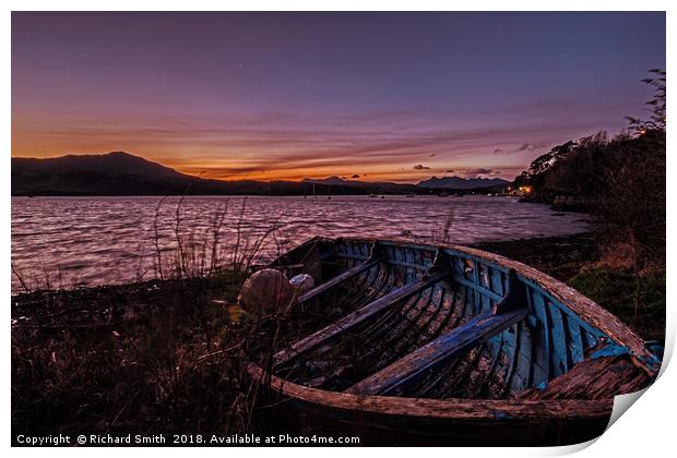 Loch Portree sunrise viewed over a clinker rowboat Print by Richard Smith