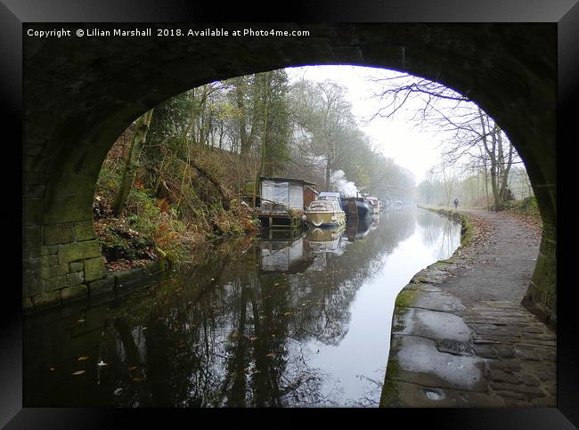 Under the bridge on a misty day at Hebden Bridge. Framed Print by Lilian Marshall