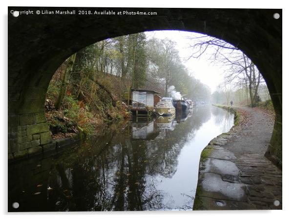 Under the bridge on a misty day at Hebden Bridge. Acrylic by Lilian Marshall