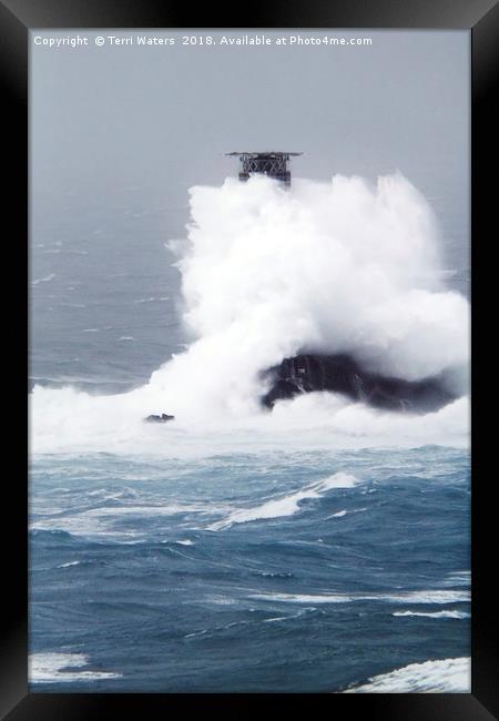 The Longships Lighthouse Meets Storm Diana Framed Print by Terri Waters