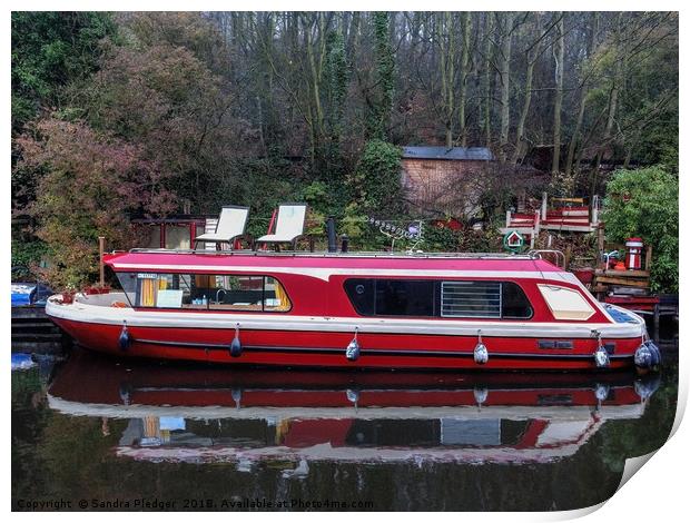 Red boat in Hebden Bridge Print by Sandra Pledger
