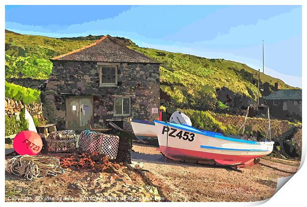 Fishing Boat at Mullion on the Lizard Peninsula Print by Rosie Spooner
