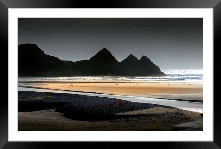 Grey sky at Three Cliffs Bay Framed Mounted Print by Leighton Collins