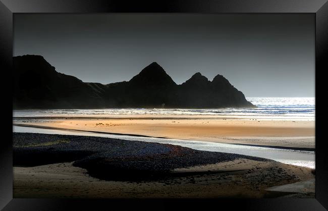 Grey sky at Three Cliffs Bay Framed Print by Leighton Collins