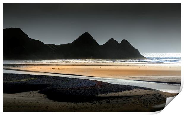 Grey sky at Three Cliffs Bay Print by Leighton Collins