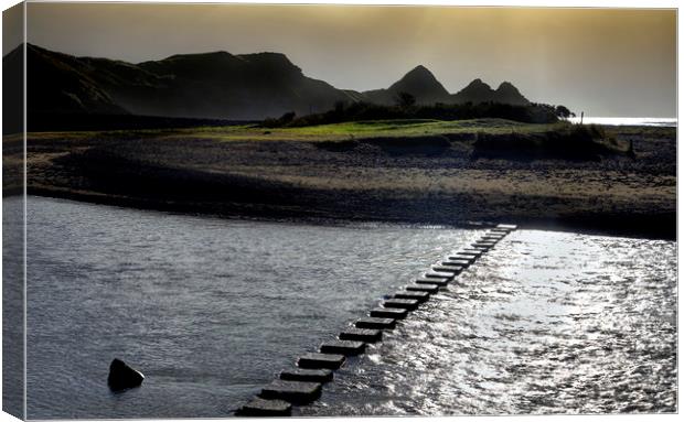 Stepping stones at Three Cliffs Bay Canvas Print by Leighton Collins