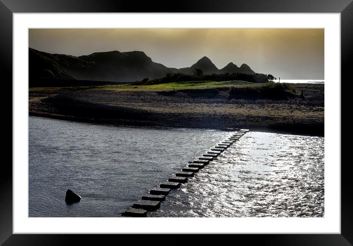 Stepping stones at Three Cliffs Bay Framed Mounted Print by Leighton Collins