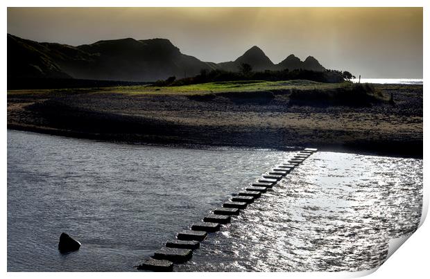 Stepping stones at Three Cliffs Bay Print by Leighton Collins