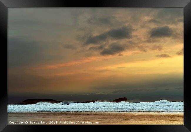 Rhossili Beach Gower blustery March evening Gower Framed Print by Nick Jenkins