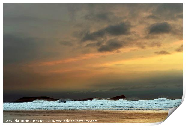 Rhossili Beach Gower blustery March evening Gower Print by Nick Jenkins