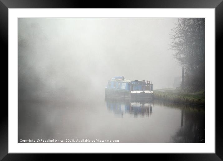 Houseboat on the Grand Union Canal in the fog  Framed Mounted Print by Rosalind White