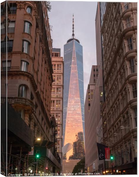 Sunrise at the One World Trade Centre, New York Canvas Print by Paul Nicholas