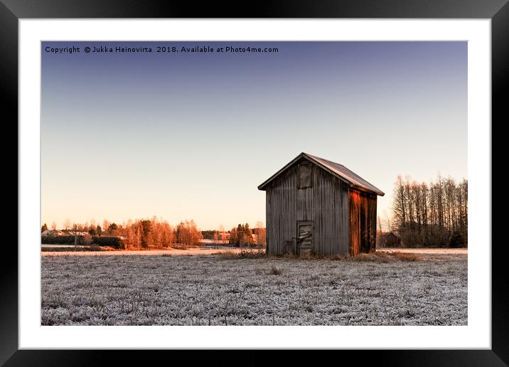 Small Barn House In The Winter Sunrise Framed Mounted Print by Jukka Heinovirta