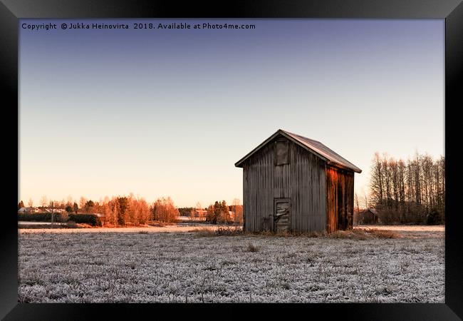 Small Barn House In The Winter Sunrise Framed Print by Jukka Heinovirta