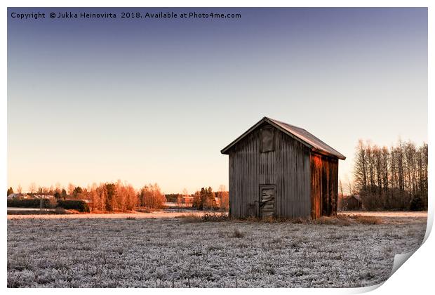 Small Barn House In The Winter Sunrise Print by Jukka Heinovirta