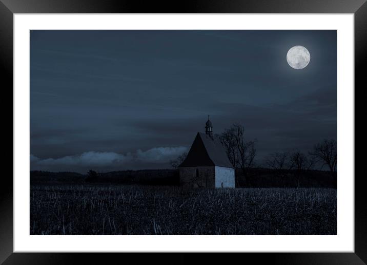 Old church in full moon night. Dobronice u Bechyne Framed Mounted Print by Sergey Fedoskin