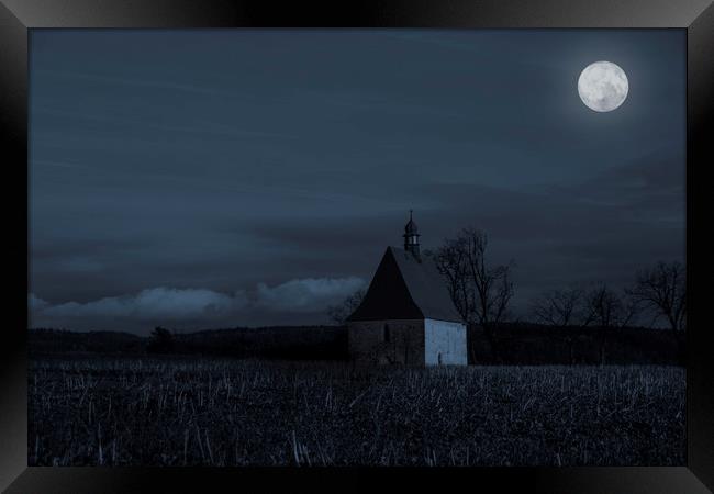 Old church in full moon night. Dobronice u Bechyne Framed Print by Sergey Fedoskin