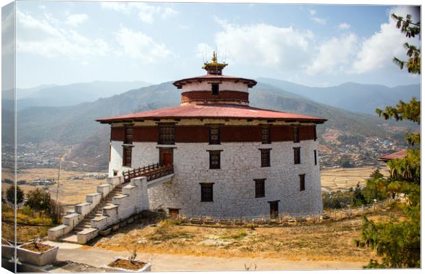 Temple in the Paro Valley, Bhuitan Canvas Print by Hazel Wright