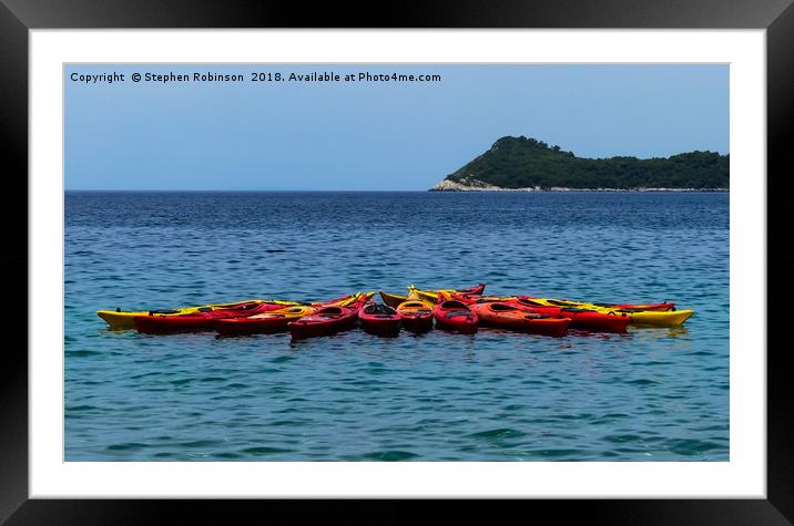 Red and yellow kayaks in Lopud Bay, Croatia Framed Mounted Print by Stephen Robinson