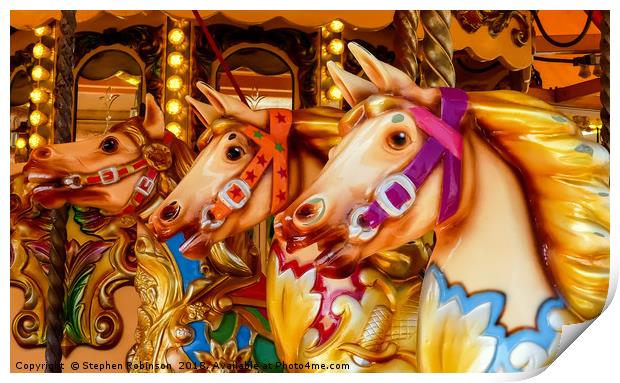 Three colourful hand painted carousel horses Print by Stephen Robinson