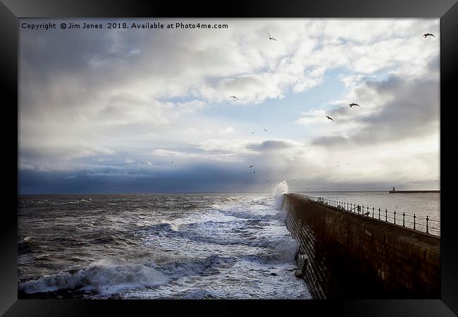 Stormy sea, sky and seagulls Framed Print by Jim Jones