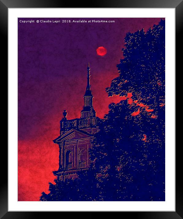Red Moon with Spire. Vision of the red moon night Framed Mounted Print by Claudio Lepri