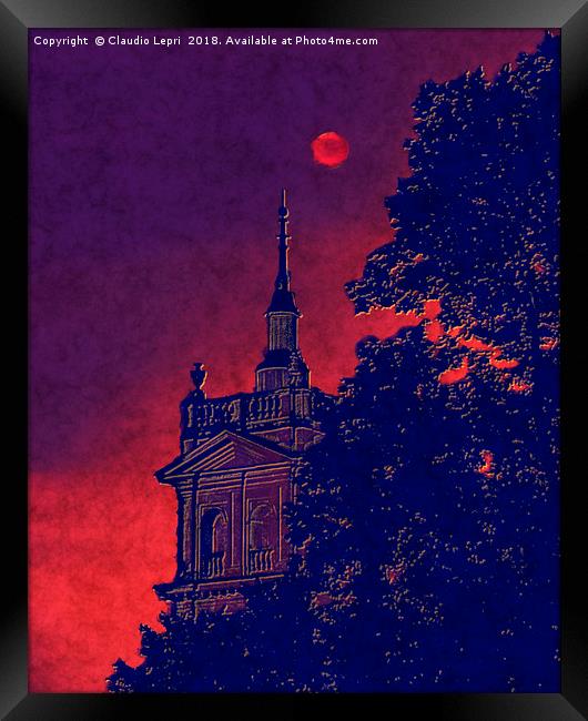 Red Moon with Spire. Vision of the red moon night Framed Print by Claudio Lepri