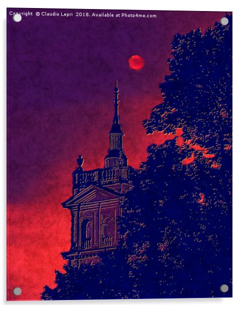 Red Moon with Spire. Vision of the red moon night Acrylic by Claudio Lepri