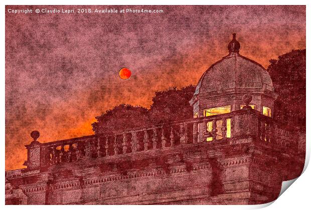 Red Moon with Dome. Vision of the red moon night. Print by Claudio Lepri