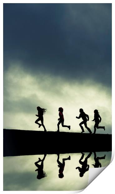 Reflection of Silhouetted girls Running. Print by Maggie McCall