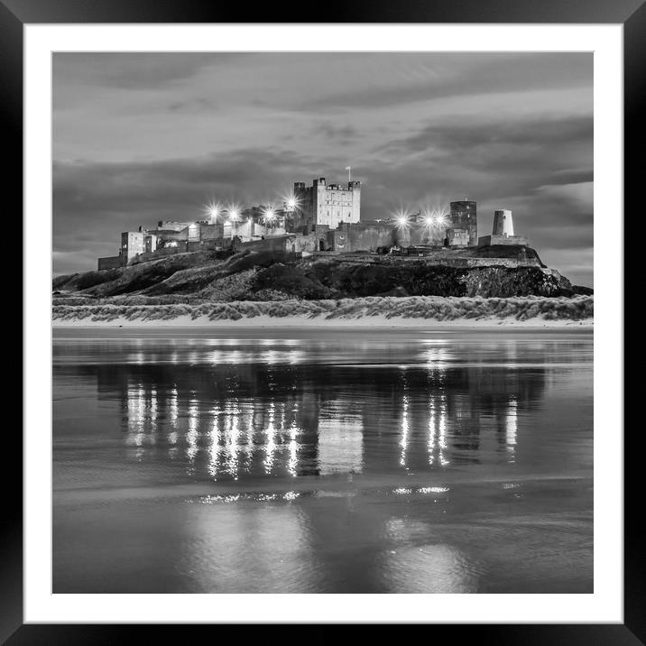 Twilight at Bamburgh Castle  in Mono Framed Mounted Print by Naylor's Photography
