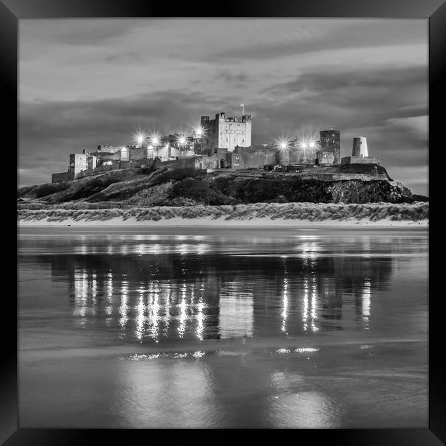 Twilight at Bamburgh Castle  in Mono Framed Print by Naylor's Photography