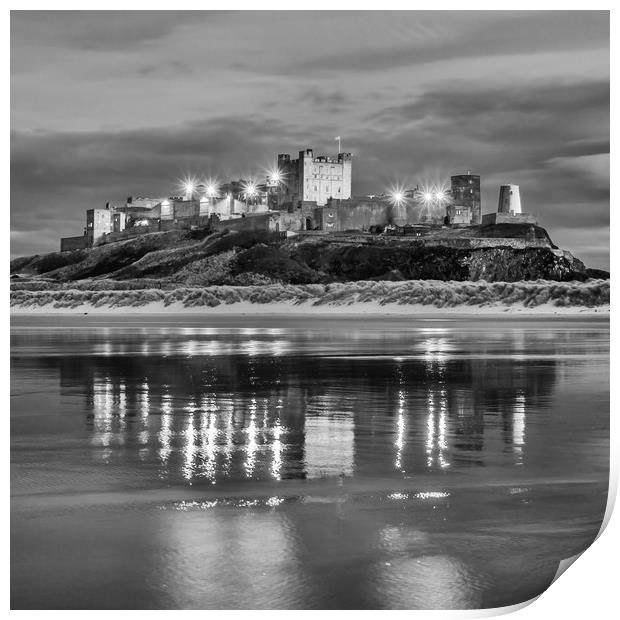Twilight at Bamburgh Castle  in Mono Print by Naylor's Photography