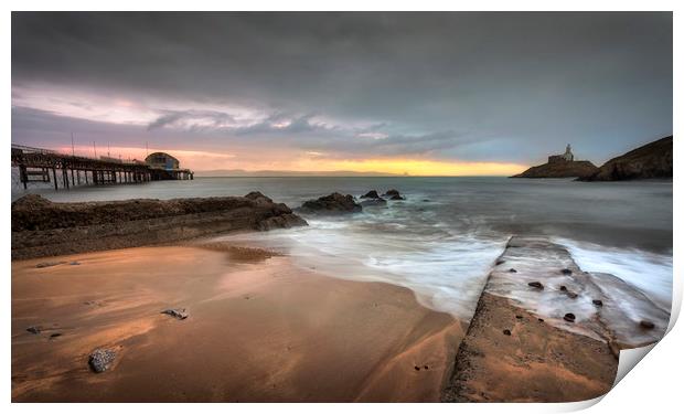 Mumbles pier and lighthouse at dawn Print by Leighton Collins